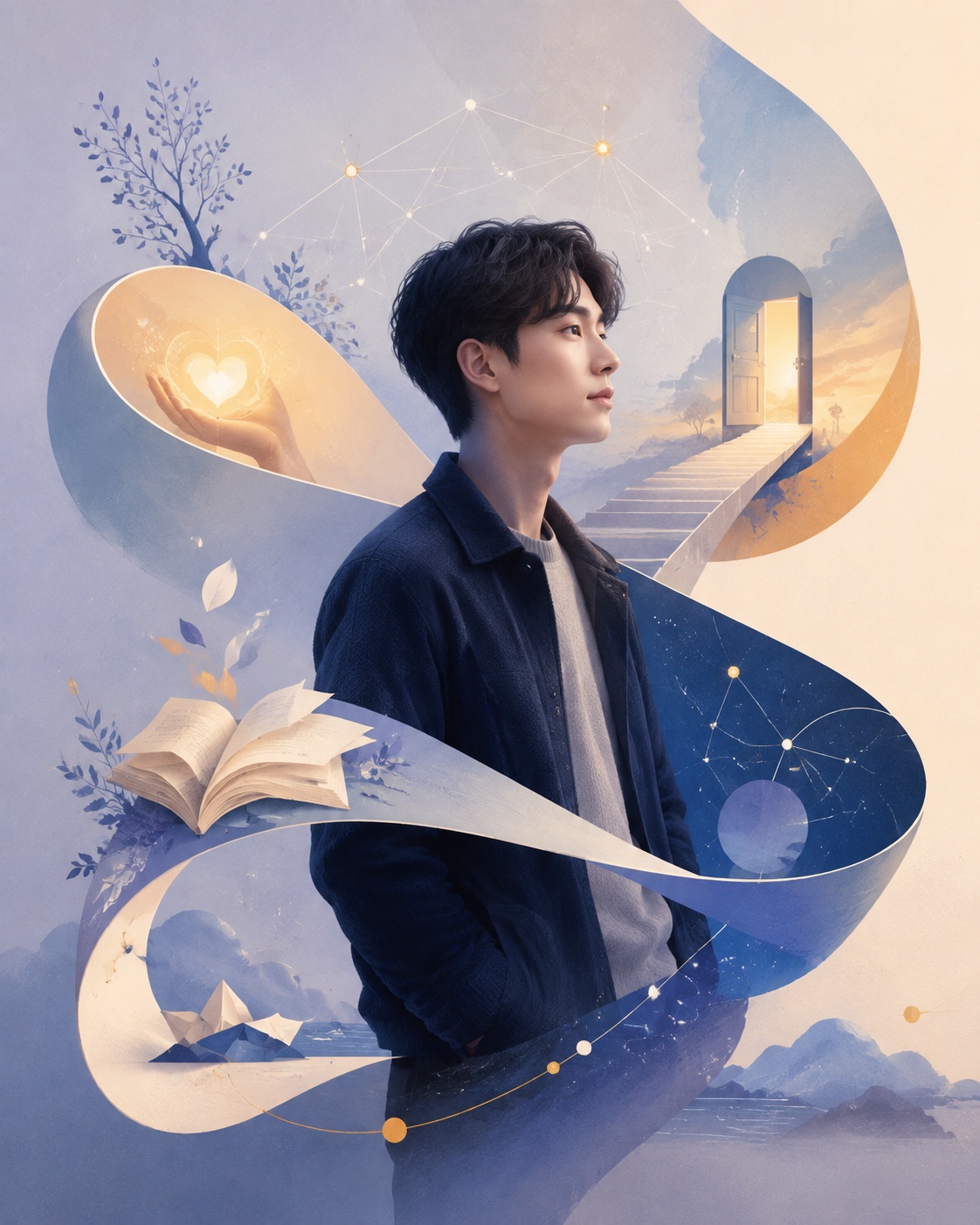 以莫比乌斯路径、心光、书页和星点表现共情、学习与创造力的 INFJ 概念插画